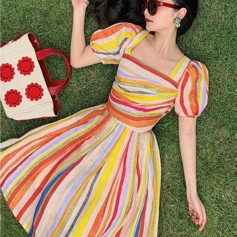 Striped Multicolor Puff Sleeve Dress